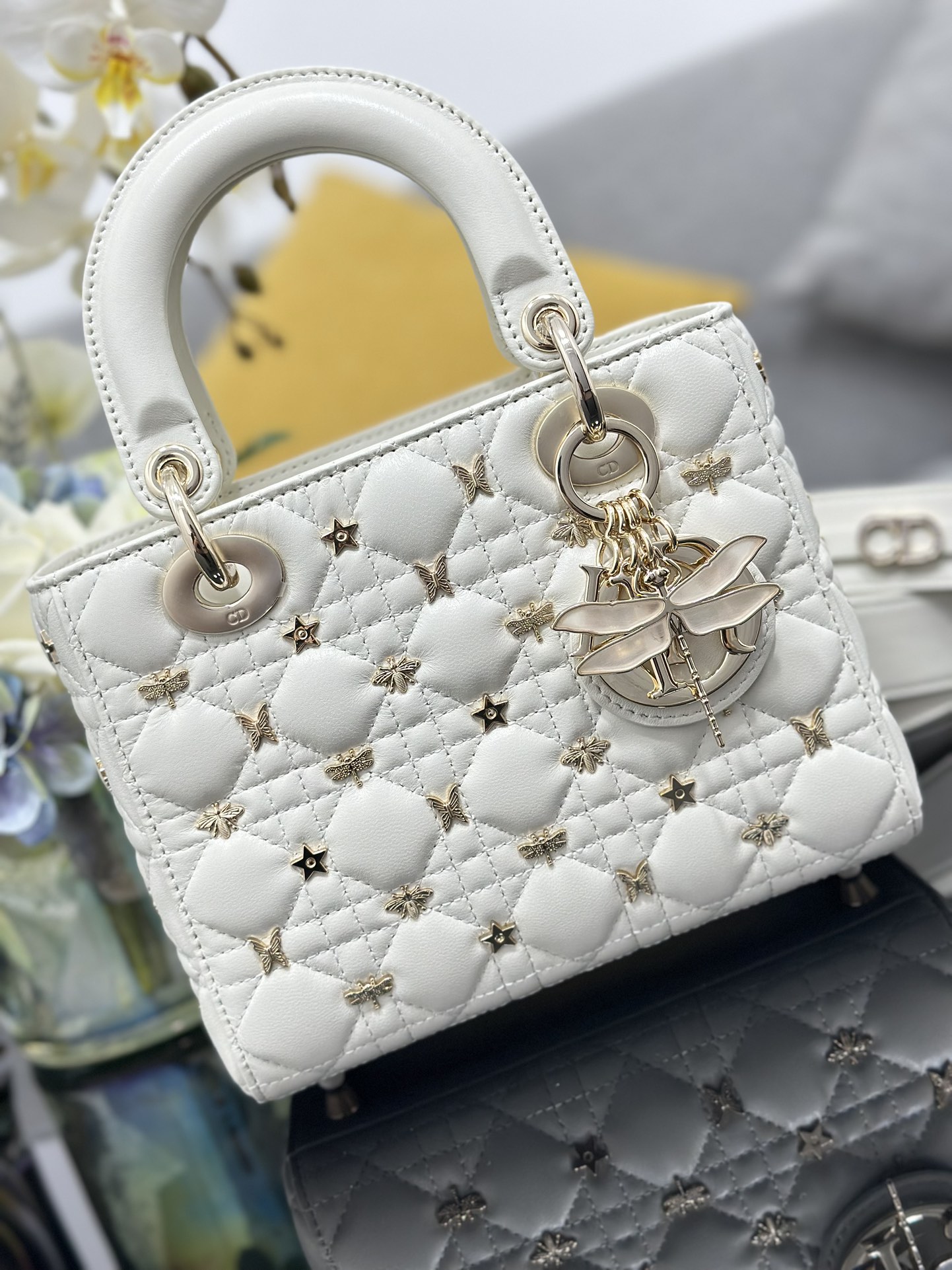 Small Lady Dior Bag White Lambskin with Dragonfly Nail